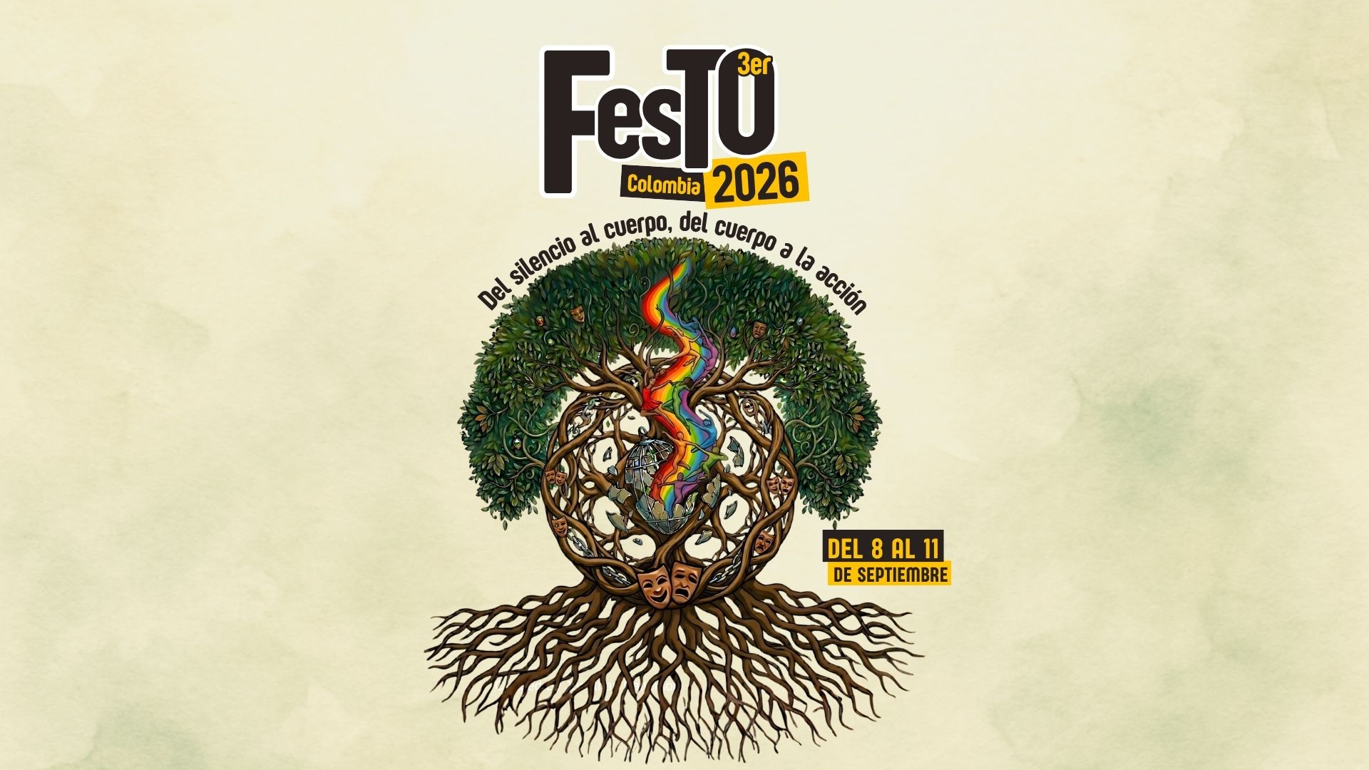 Afiche oficial del FesTO 2026, 3er Festival de Teatro de las Personas Oprimidas, Bogotá, 8 al 11 de septiembre de 2026.
